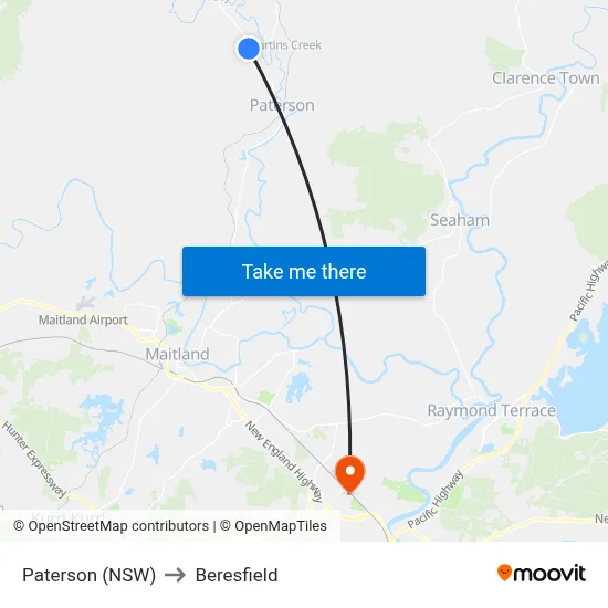 Paterson (NSW) to Beresfield map