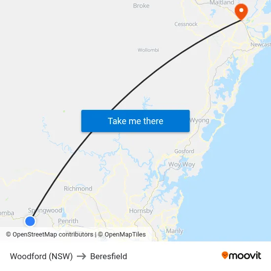 Woodford (NSW) to Beresfield map