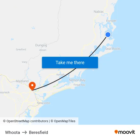 Whoota to Beresfield map