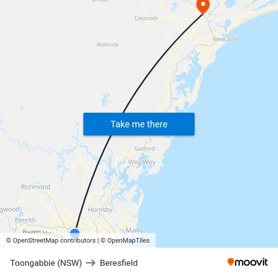 Toongabbie (NSW) to Beresfield map