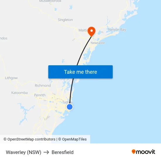 Waverley (NSW) to Beresfield map