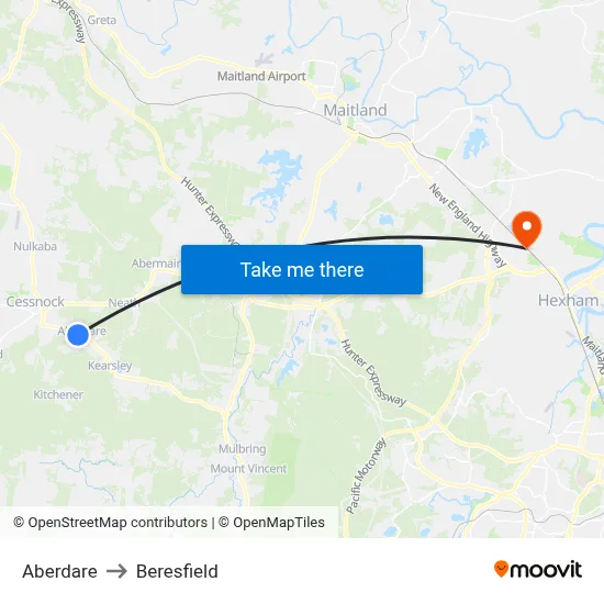 Aberdare to Beresfield map