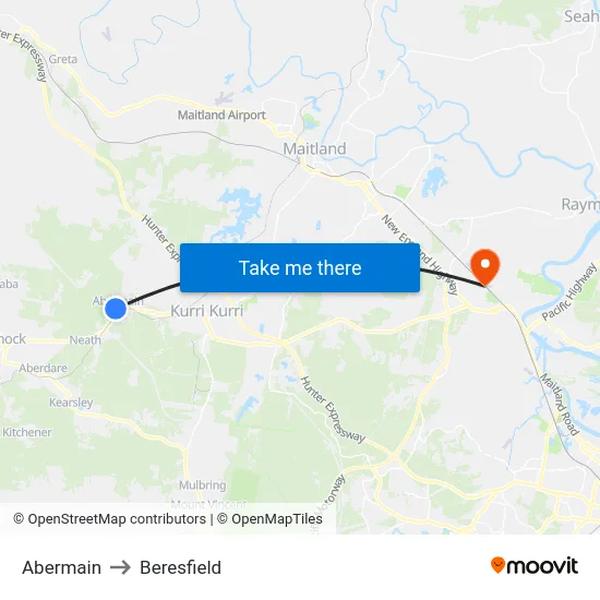 Abermain to Beresfield map