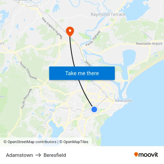 Adamstown to Beresfield map