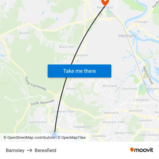 Barnsley to Beresfield map
