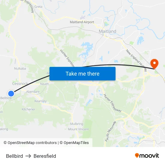 Bellbird to Beresfield map
