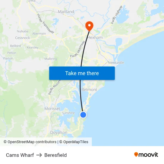 Cams Wharf to Beresfield map