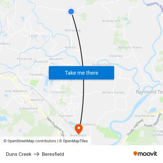 Duns Creek to Beresfield map
