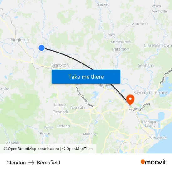 Glendon to Beresfield map