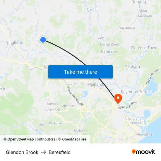 Glendon Brook to Beresfield map