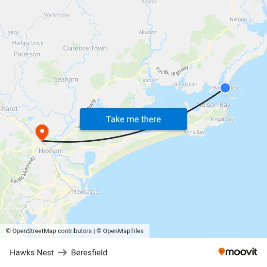 Hawks Nest to Beresfield map