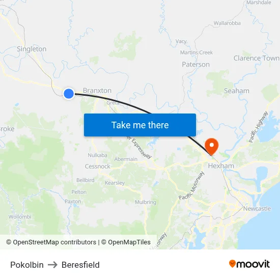 Pokolbin to Beresfield map