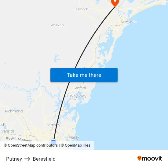 Putney to Beresfield map