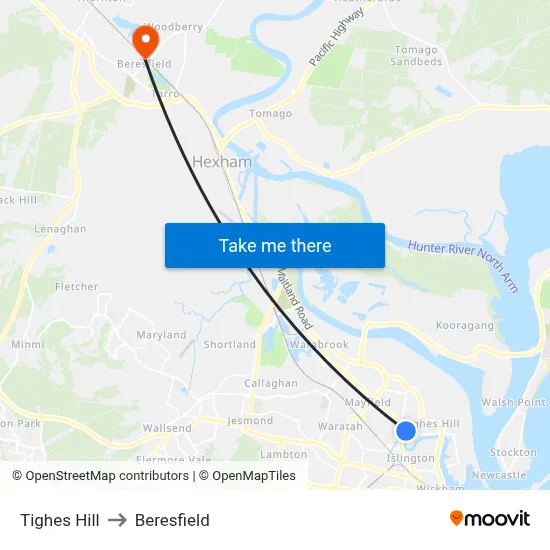 Tighes Hill to Beresfield map