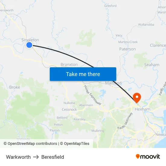 Warkworth to Beresfield map