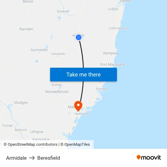 Armidale to Beresfield map
