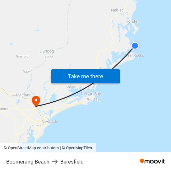 Boomerang Beach to Beresfield map