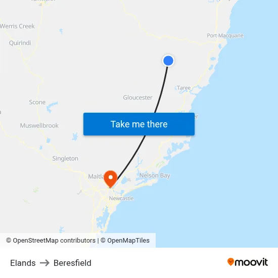 Elands to Beresfield map