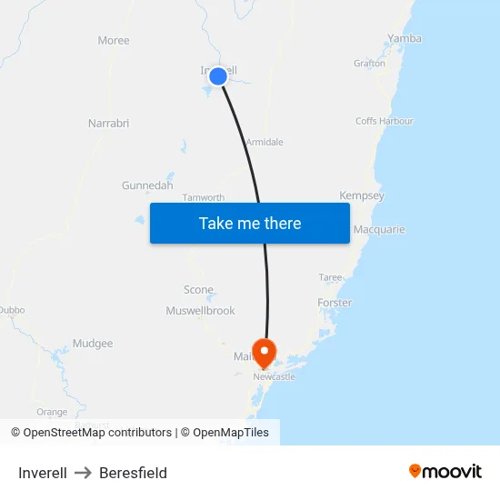 Inverell to Beresfield map