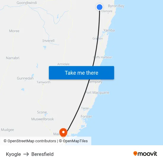 Kyogle to Beresfield map