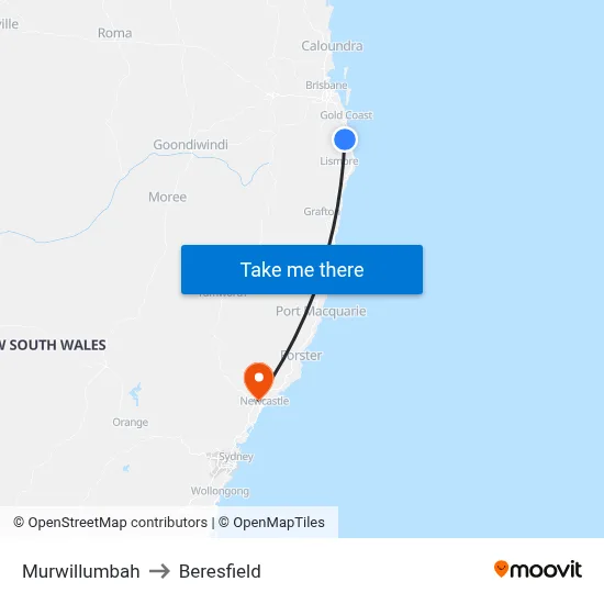 Murwillumbah to Beresfield map