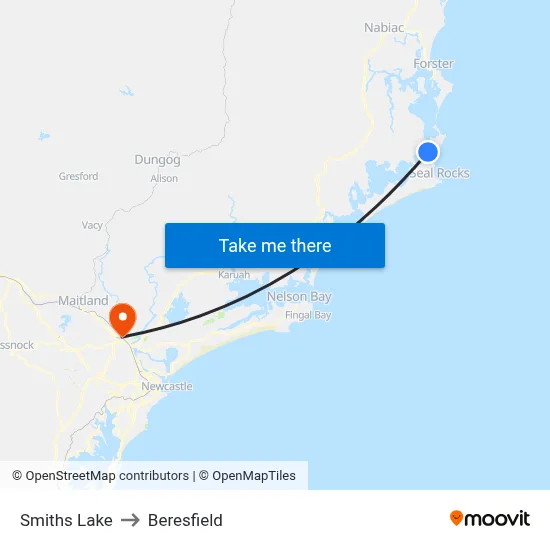 Smiths Lake to Beresfield map