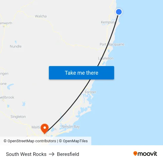 South West Rocks to Beresfield map