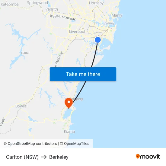 Carlton (NSW) to Berkeley map