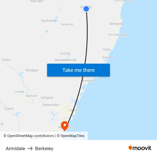 Armidale to Berkeley map