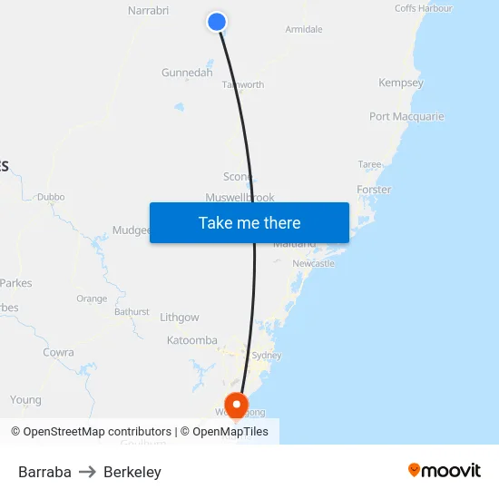 Barraba to Berkeley map