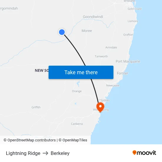 Lightning Ridge to Berkeley map