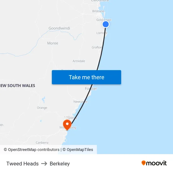 Tweed Heads to Berkeley map