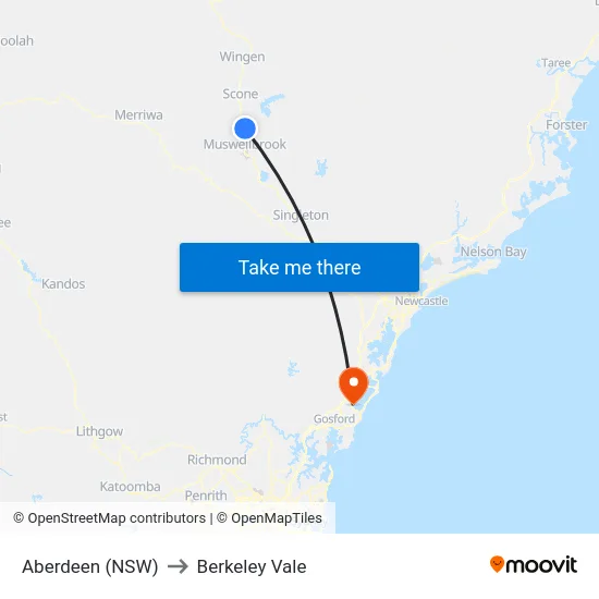 Aberdeen (NSW) to Berkeley Vale map