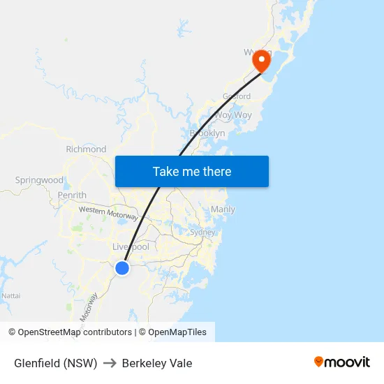 Glenfield (NSW) to Berkeley Vale map