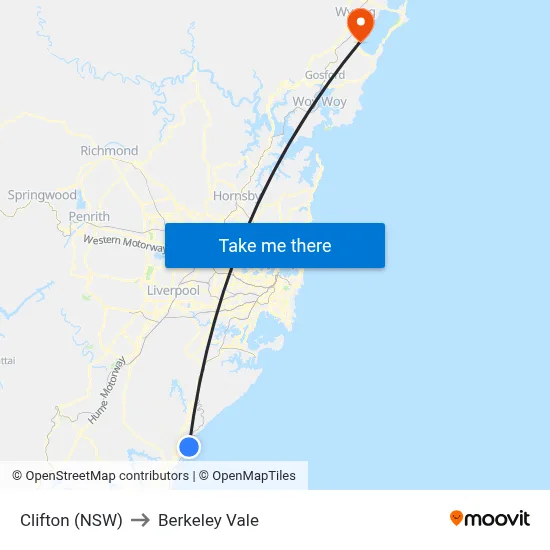 Clifton (NSW) to Berkeley Vale map