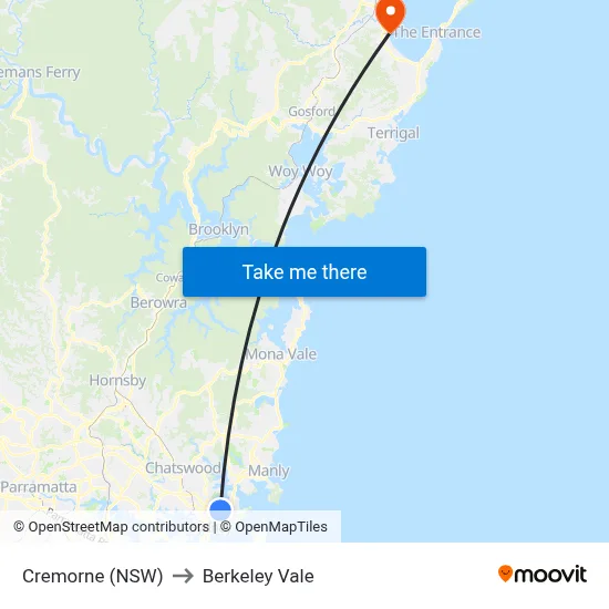 Cremorne (NSW) to Berkeley Vale map