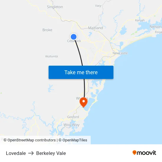 Lovedale to Berkeley Vale map