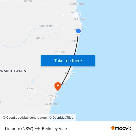 Lismore (NSW) to Berkeley Vale map