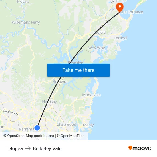 Telopea to Berkeley Vale map