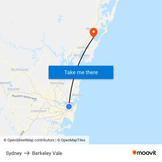 Sydney to Berkeley Vale map