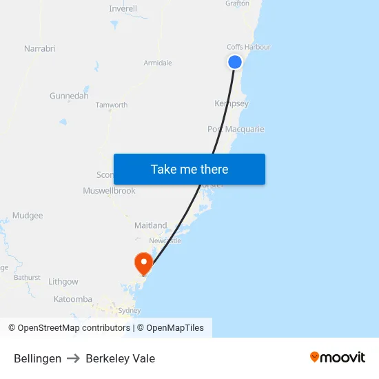 Bellingen to Berkeley Vale map