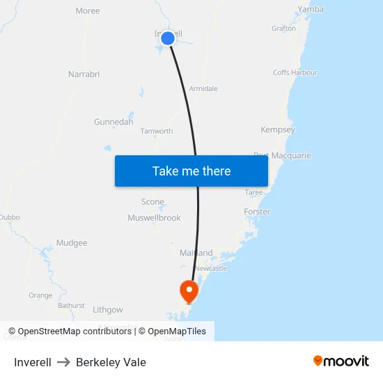 Inverell to Berkeley Vale map