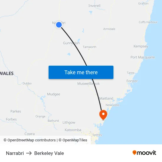 Narrabri to Berkeley Vale map