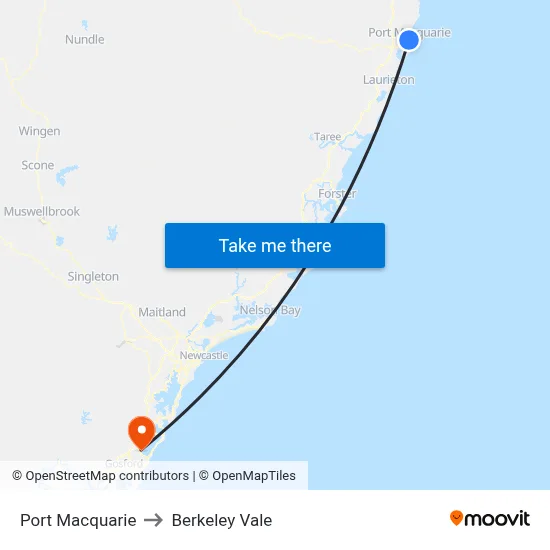 Port Macquarie to Berkeley Vale map