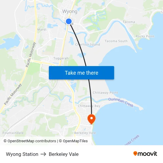 Wyong Station to Berkeley Vale map