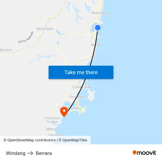 Windang to Berrara map