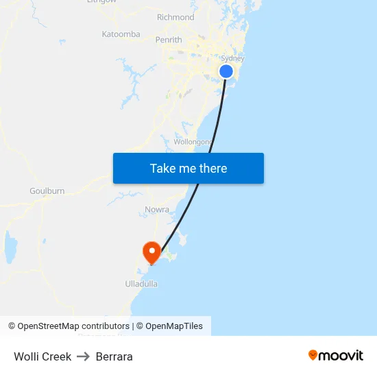 Wolli Creek to Berrara map