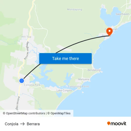 Conjola to Berrara map
