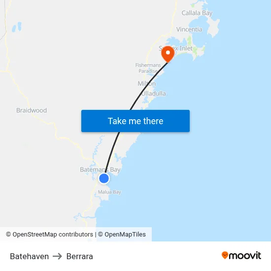 Batehaven to Berrara map