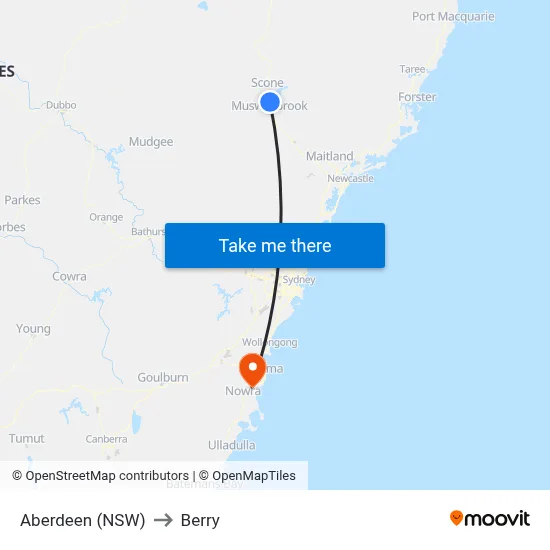 Aberdeen (NSW) to Berry map